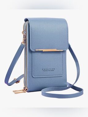 New Endaycon Sky Blue Crossbody Phone Bag with Gold Accents adjustable straps